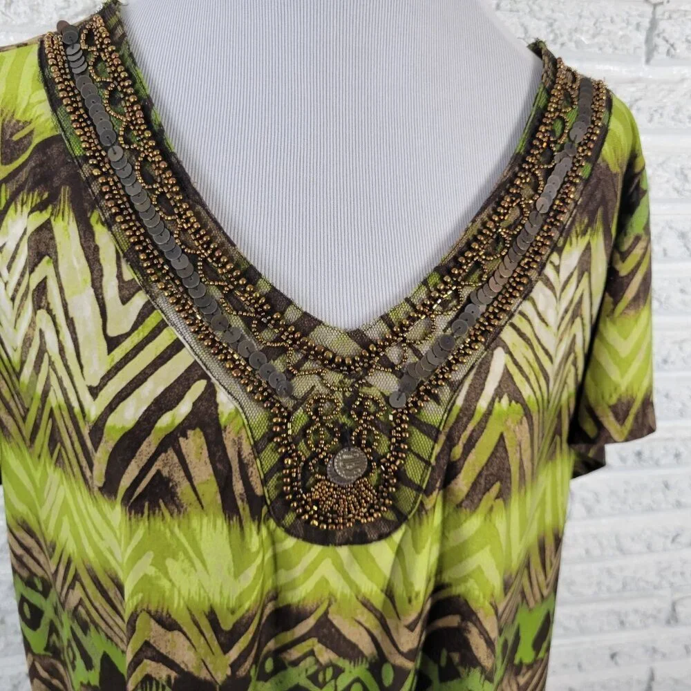 Avenue Women's 18/20 Plus Green Geometric Beaded Sequin Flutter Sleeve GEO186E